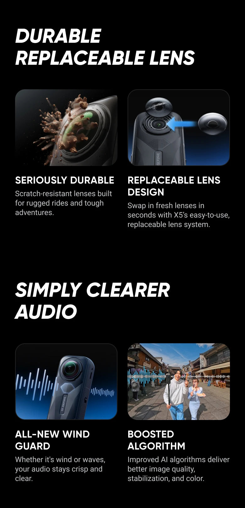 Insta360 X5 - Cámara de acción 8K 360° resistente al agua, excelente rendimiento en condiciones de poca luz, efecto de palo selfie invisible, lente resistente y reemplazable, 3