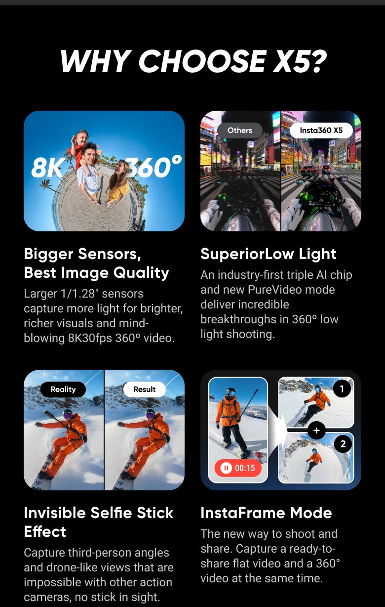 Insta360 X5 - Cámara de acción 8K 360° resistente al agua, excelente rendimiento en condiciones de poca luz, efecto de palo selfie invisible, lente resistente y reemplazable, 3