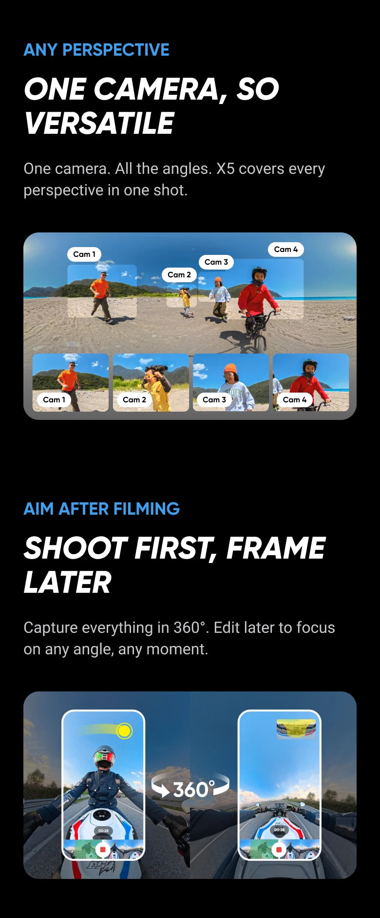Insta360 X5 - Cámara de acción 8K 360° resistente al agua, excelente rendimiento en condiciones de poca luz, efecto de palo selfie invisible, lente resistente y reemplazable, 3