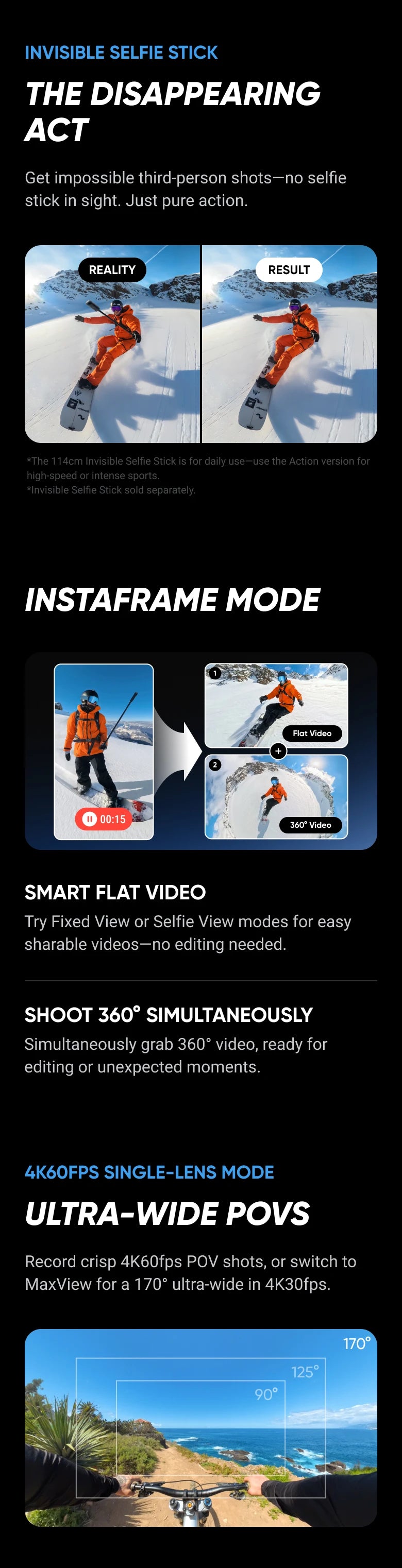 Insta360 X5 - Cámara de acción 8K 360° resistente al agua, excelente rendimiento en condiciones de poca luz, efecto de palo selfie invisible, lente resistente y reemplazable, 3