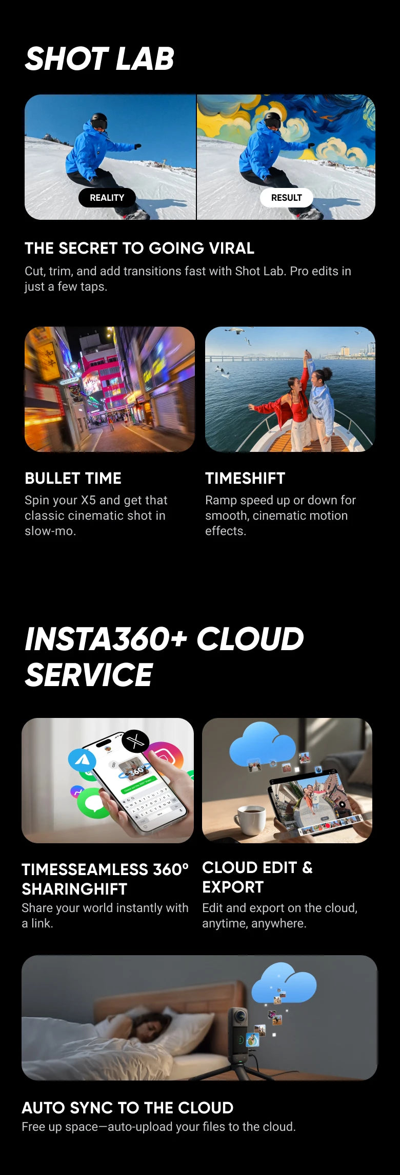 Insta360 X5 - Cámara de acción 8K 360° resistente al agua, excelente rendimiento en condiciones de poca luz, efecto de palo selfie invisible, lente resistente y reemplazable, 3