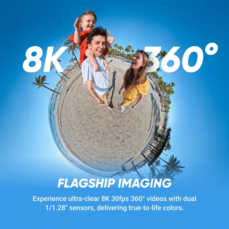Insta360 X5 - Cámara de acción 8K 360° resistente al agua, excelente rendimiento en condiciones de poca luz, efecto de palo selfie invisible, lente resistente y reemplazable, 3