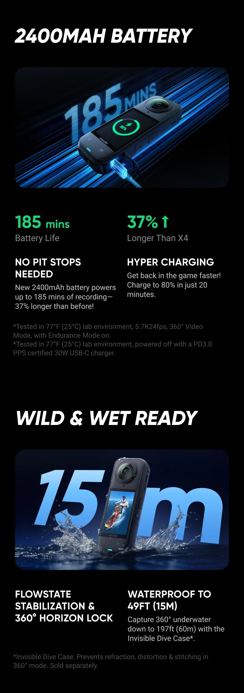 Insta360 X5 - Cámara de acción 8K 360° resistente al agua, excelente rendimiento en condiciones de poca luz, efecto de palo selfie invisible, lente resistente y reemplazable, 3